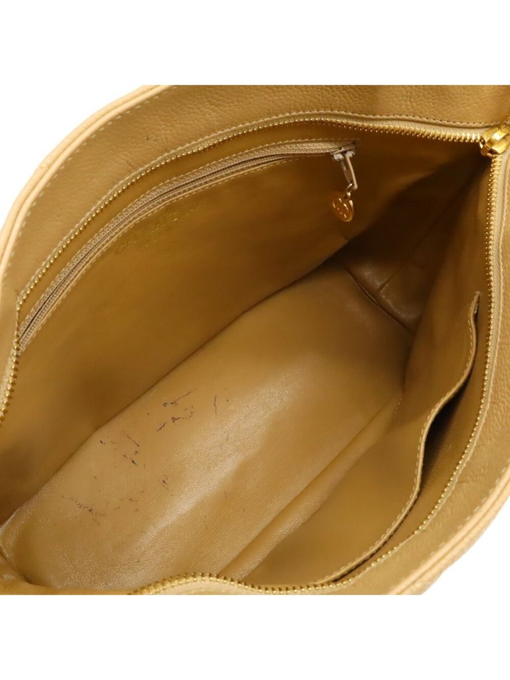 Chanel Quilted CC Logo Medallion Tote Shoulder Bag Caviar Leather Beige Gold - Picture 6 of 9